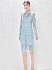 Elegant Spring Hollow Out Lace Dresses for Women 2023 New Designer Long Sleeve Sexy Transparent Party Vestidos Blue Lady