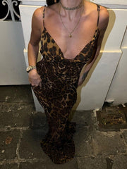 Hoobd Leopard Print V-Neck Sexy Bodycon Long Dress Women Lace Up Backless Summer Dresses Female Straps Party Beach Vestidos