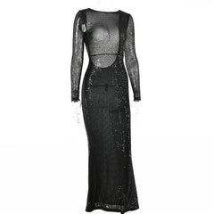 Backless Black Maxi Dress Women Sexy High Waist Elegant Fashion Streetwear Casual Slim Round Collar Sequins Female Dress