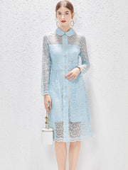 Elegant Spring Hollow Out Lace Dresses for Women 2023 New Designer Long Sleeve Sexy Transparent Party Vestidos Blue Lady