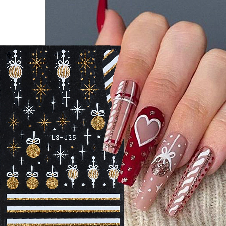 Christmas Nail Sticker 3D Reflective Shiny Glitter Gold Silver Snowflake Elk Bells Decal Slider For Manicure Decoration NLLS-J24