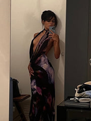 Hoobd Backless Maxi Dress Women Sexy Purple Print Halter Bodycon Dress Summer Beach Outfits Elegant Sleeveless Club Party Dress 2023