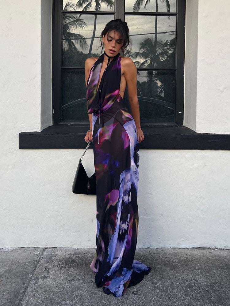 Hoobd Backless Maxi Dress Women Sexy Purple Print Halter Bodycon Dress Summer Beach Outfits Elegant Sleeveless Club Party Dress 2023