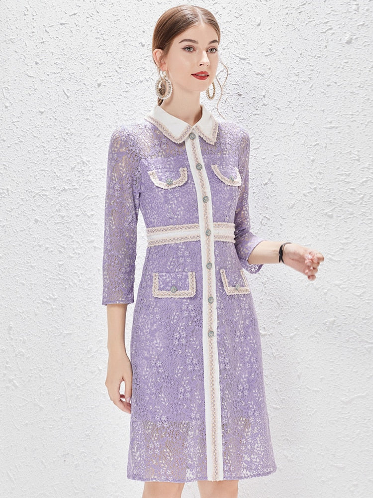 Elegant Spring Hollow Out Lace Dresses for Women 2023 New Arrivals Turn Down Collar Party Casual Vestidos Fashion Female Clothes