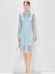 Elegant Spring Hollow Out Lace Dresses for Women 2023 New Designer Long Sleeve Sexy Transparent Party Vestidos Blue Lady