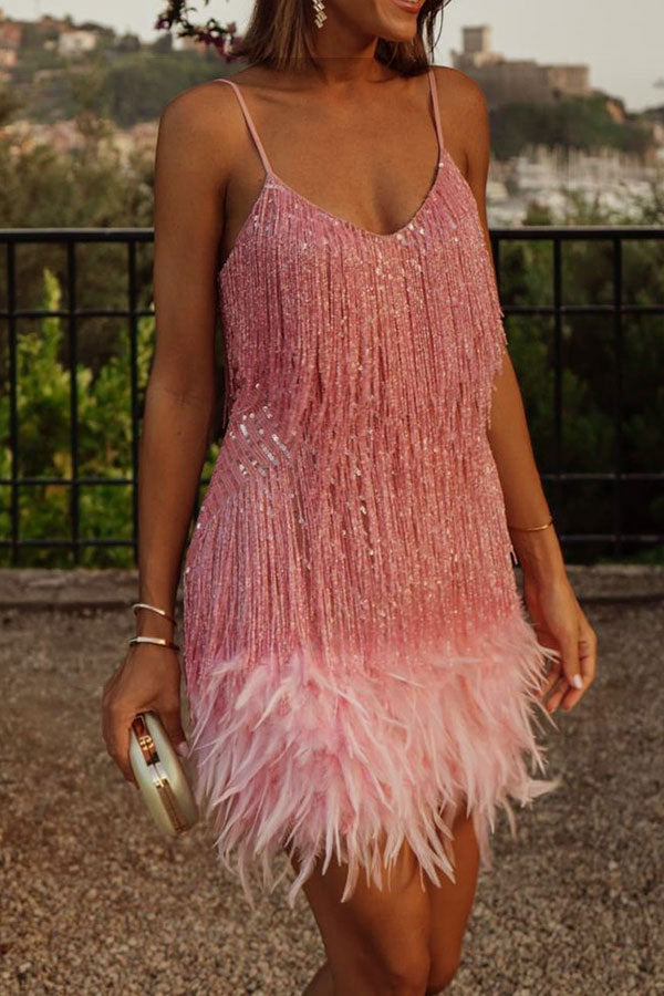 Hoobd Feather&Sequined Sweet Mini Dress