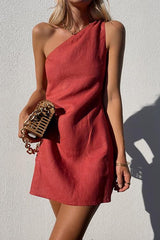 Hoobd Minimalism One Shoulder Linen Mini Dress