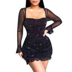 Hoobd Sheer Mesh Puff Sleeve Glitter Bodycon Dress