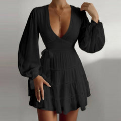 Deep V-Neck Ruffle A-Line Mini Dress Autumn Lantern Sleeve Bow High Waist Mini Party Dresses For Women