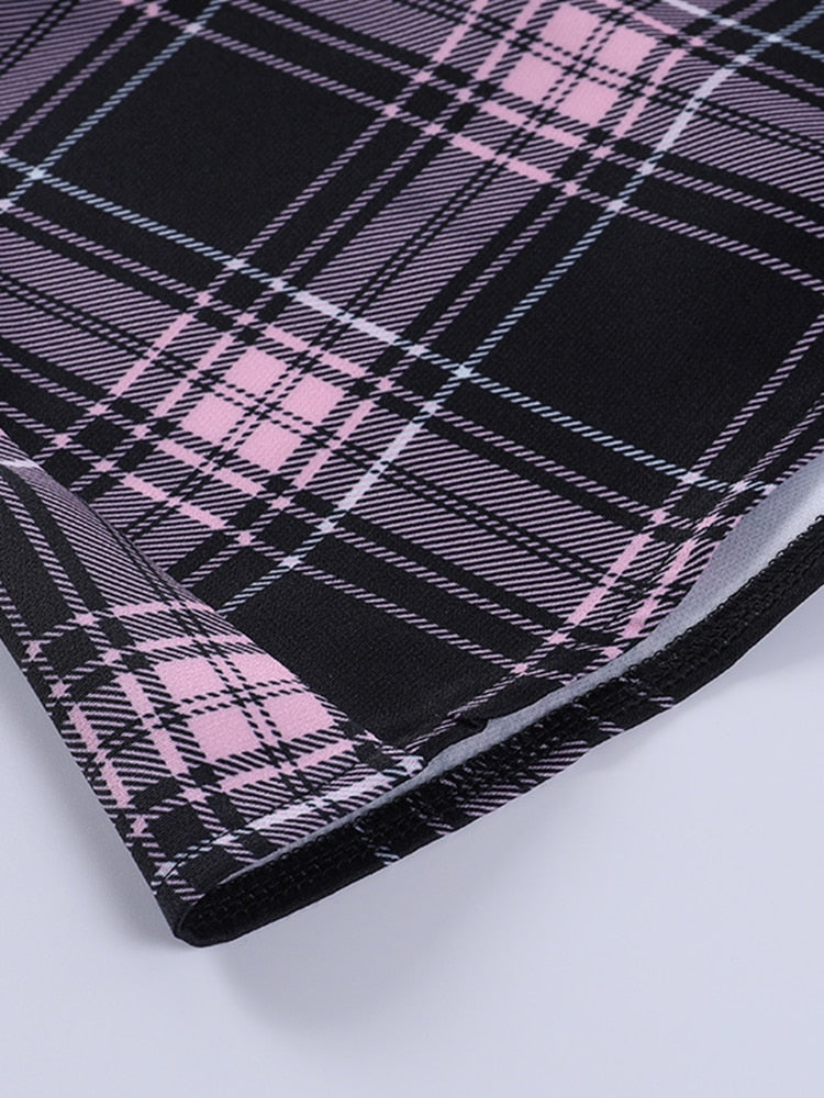 Hoobd Gothic Plaid Bandage Black Blue Dress Women Vintage Sleeveless Zipper Sexy Mini Dress Punk Aesthetic Summer A Line Dress