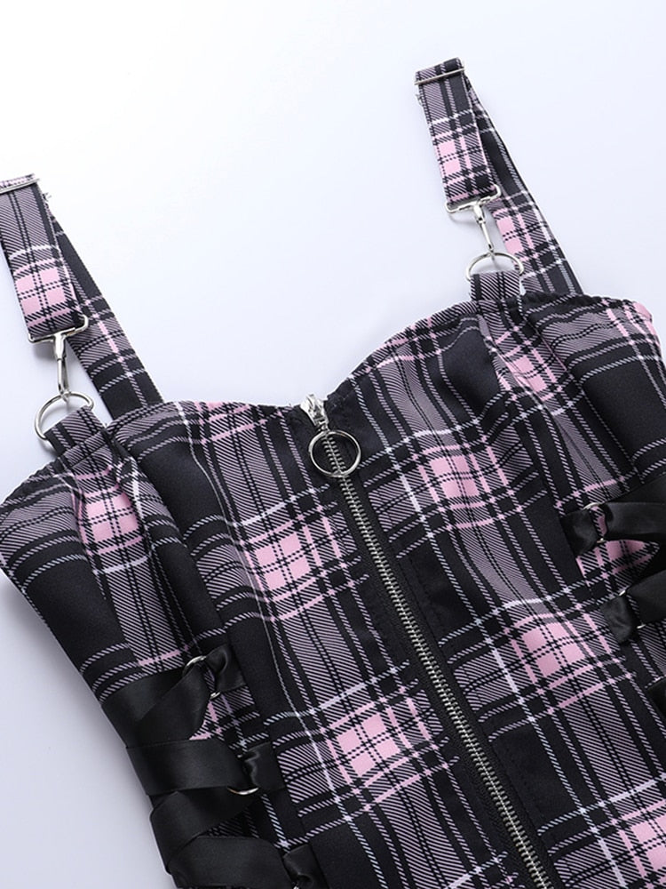 Hoobd Gothic Plaid Bandage Black Blue Dress Women Vintage Sleeveless Zipper Sexy Mini Dress Punk Aesthetic Summer A Line Dress