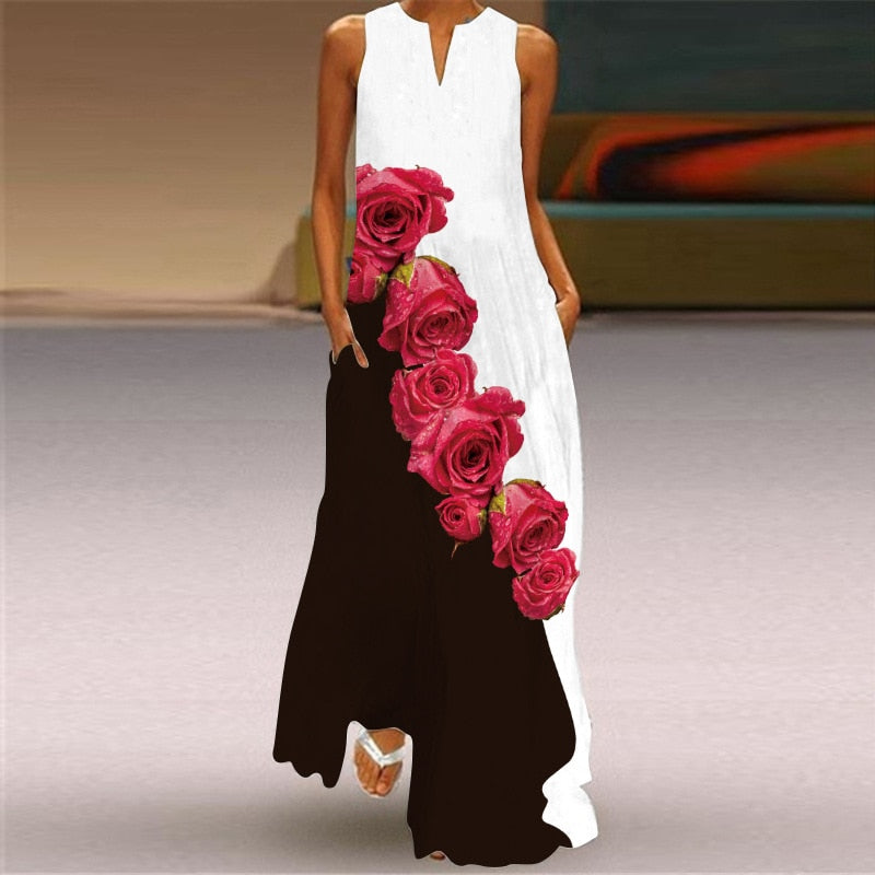 Ladies Spring Summer Long Dress Women Black Sleeveless V-neck Loose Party Dresses Casual Face Print Vintage Beach Dress