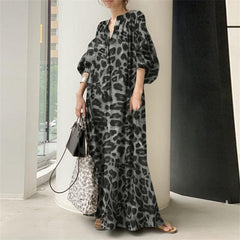 Fashion Printed Maxi Dress Women's Leopard Sundress 2022 Spring Puff Sleeve Long Vestidos Female V Neck Robe Oversize