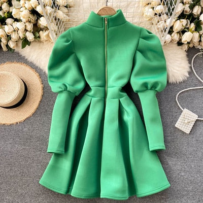 Autumn Winter Puff Long Sleeve Dresses For Women Party Christmas Turtleneck Slim A-Line Elegant New Year Woman Red Dress