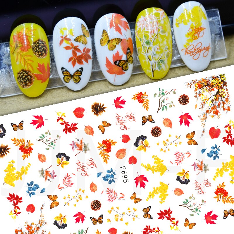 Hoobd1pcs Gold iridescent Maple Leaf 3D Nail Sticker Fall Autumn Pattern Adhesive Transfer Stickers Shiny DIY Nail Art Decoration
