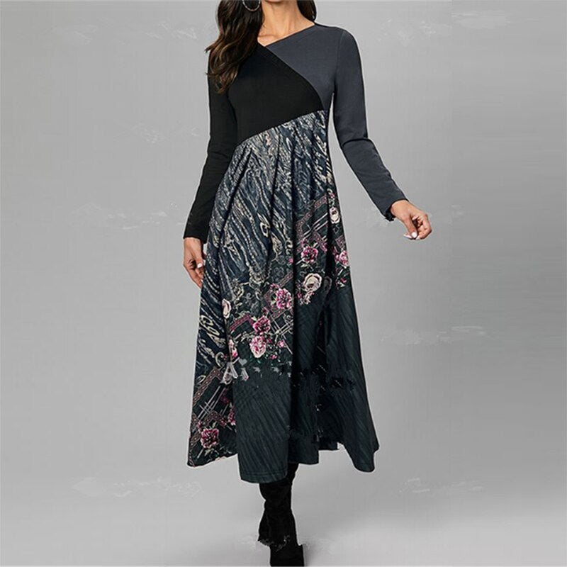 Hoobd Elegant Women Long Dress V-Neck A-Line Dress Spring Autumn Vintage Cotton Long Sleeves Party Dresses Lady Casual Loose Vestidos