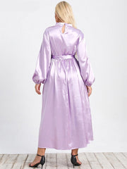 Plus Size Elegant Mesh Embroidery Belted Satin Dress Women Autumn High Waist Lantern Sleeve Party A-Line Long Dresses