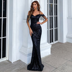 Hoobd Women Elegant Off Shoulder Luxury Evening Dress Sexy  Sequin Mermaid Dress Spaghetti Straps Silver Beading Long Party Dress New