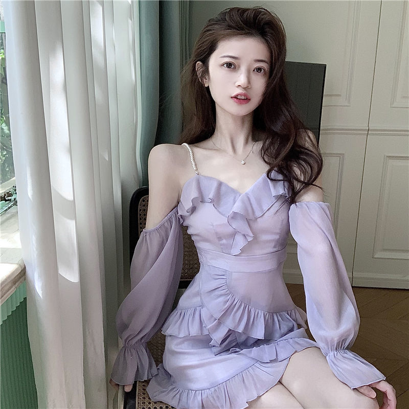 Hoobd Purple Off Shoulder Kawaii Dress Women Ruffle Patchwork Sweet Party Mini Dress Female Korean Fashion Slim Sexy Fairy Dress 2023