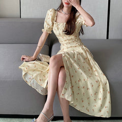 Princess Elegant Dress Women Summer Floral Sweet Casual Long Dress Korean Puff Sleeve Yellow Vintage Party Sundress Boho