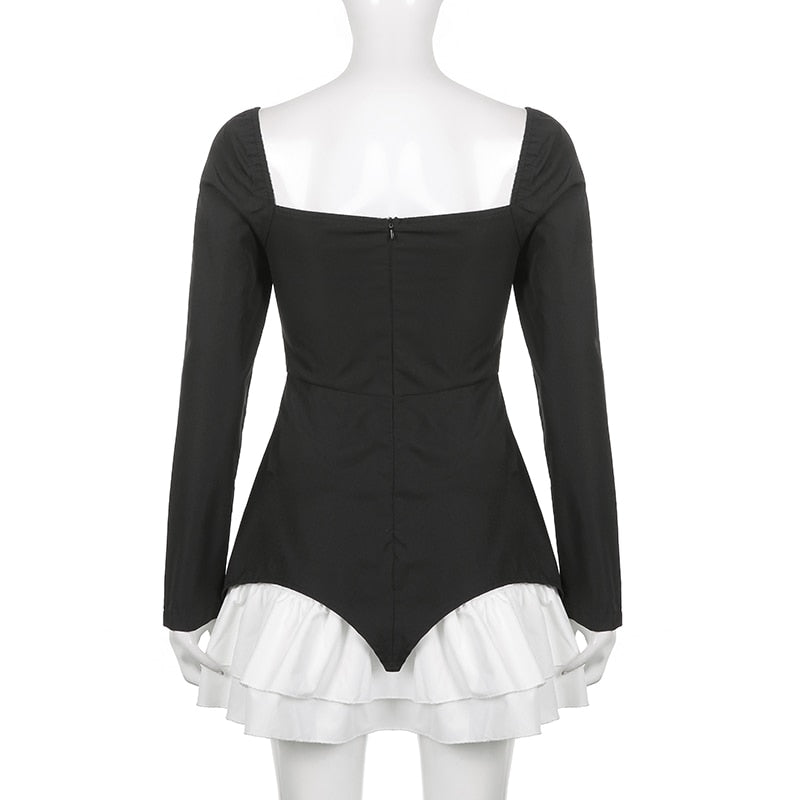 Hoobd Patchwork Slim Ball Gown A-Line Dress Vintage Quare Collar Long Sleeve Mini Dresses For Women Elegant Fashion Lady