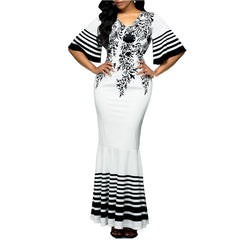 Long Dress Women Printed Stitching Long High Waist Short Sleeves V-Neck Oversized 5XLFishtail Womens Dress