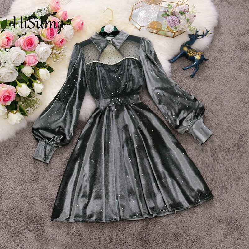 spring new female stand collar lantern sleeve sequins velvet with mesh A-line dress