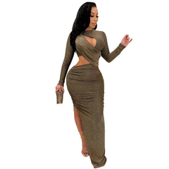 Elegant Glitter Solid Ruched Long Women Dress Sexy Cut Out O Neck Long Sleeve High Slit Evening Club Party Dress Robe Christmas
