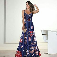 Evening Party Dresses Women Natural Silk Dress Retro Floral Print Maxi Dress Ladies Strap Pleated Oversized Dress Vestidos