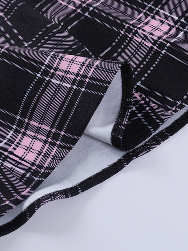 Hoobd Gothic Plaid Bandage Black Blue Dress Women Vintage Sleeveless Zipper Sexy Mini Dress Punk Aesthetic Summer A Line Dress