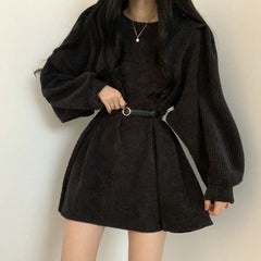Women Vintgae Sashes Corduroy A-line Party Dress Lantern Sleeve O neck Solid High Street Casual Dress Winter Fashion Dress