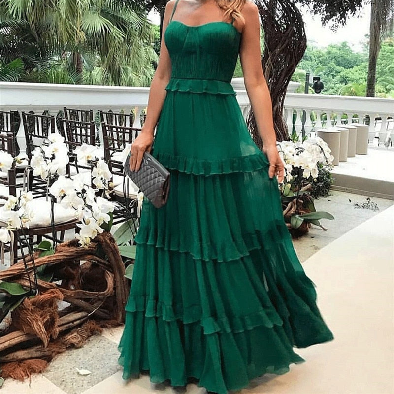 Hoobd Green Tulle Spaghetti Strap Womens Dress Elegant Party Evening Sleeveless Sexy Long Dresses Pleated Ruffles Maxi Summer Dress