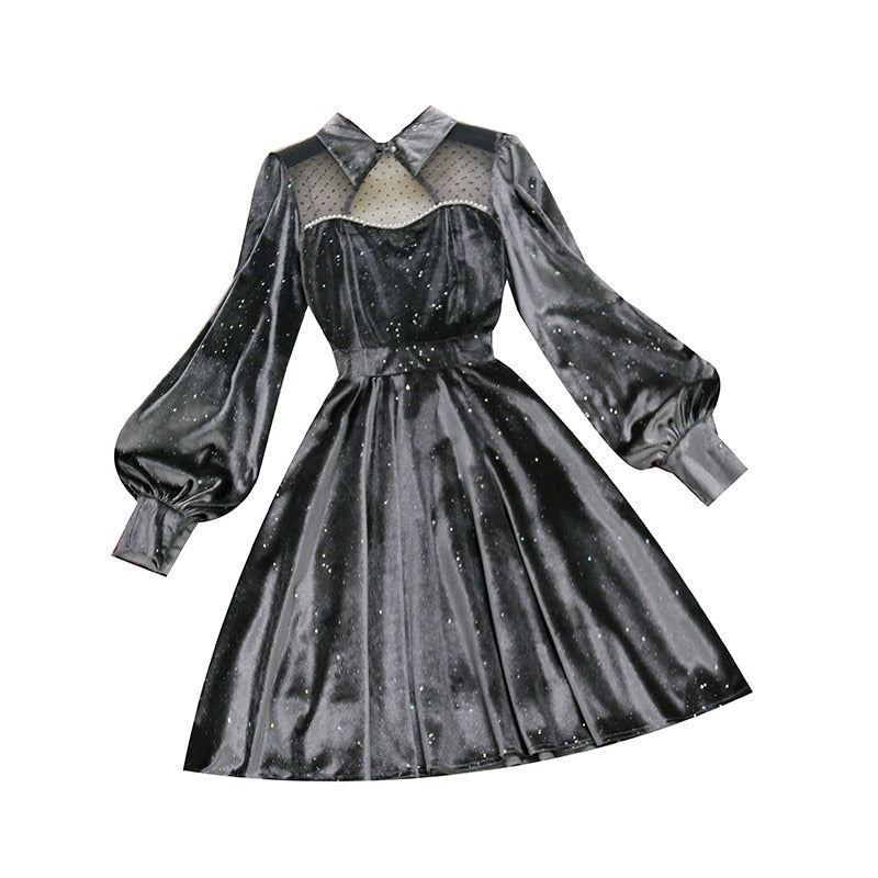 spring new female stand collar lantern sleeve sequins velvet with mesh A-line dress