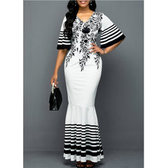 Long Dress Women Printed Stitching Long High Waist Short Sleeves V-Neck Oversized 5XLFishtail Womens Dress