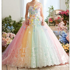 Hoobd Pretty Colorful Rainbow Tutu Prom Dresses 3D Flower Lace Puffy Ball Gowns Vestido Formatura Abiye Ruffles Evening Gowns