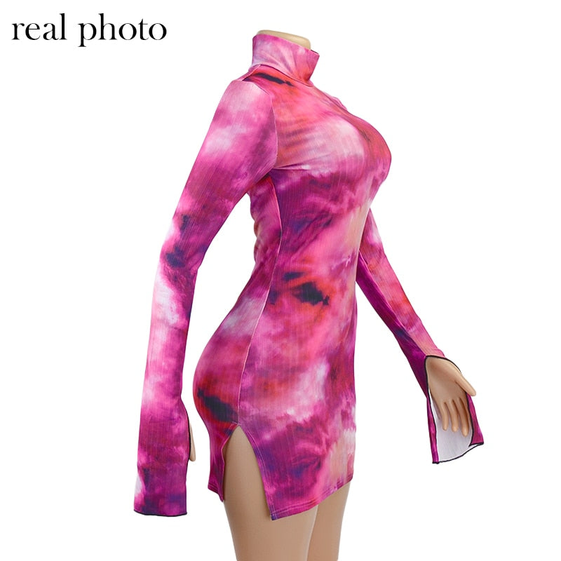 Hoobd Tie Dye Mock Neck Bodycon Dresses For Women Side Split Ribbed Long Sleeve Clubwear Midnight Outfit Party Mini Dress Hot