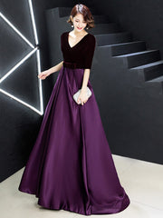 V-neck Bow Waist A-line Satin Evening Dress