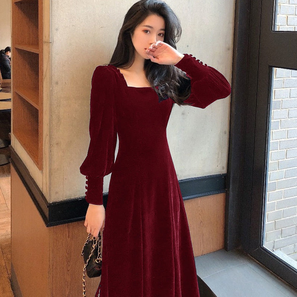 Hoobd Vintage Black Velvet Dress 2023 Women Autumn Winter Warm Long Sleeve Maxi Dress French Elegant V-Neck Party Dresses