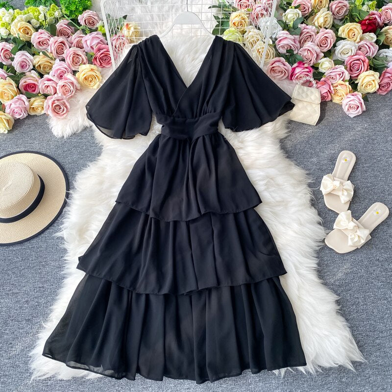 Hoobd New Summer Women Dress Ruffled Short-sleeved Chiffon Dress V-neck Sexy Beach Long Dress Backless Cake Dresses Vestidos