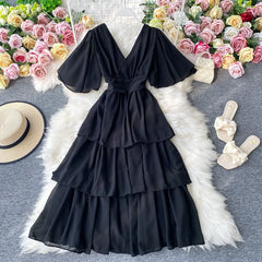 Hoobd New Summer Women Dress Ruffled Short-sleeved Chiffon Dress V-neck Sexy Beach Long Dress Backless Cake Dresses Vestidos