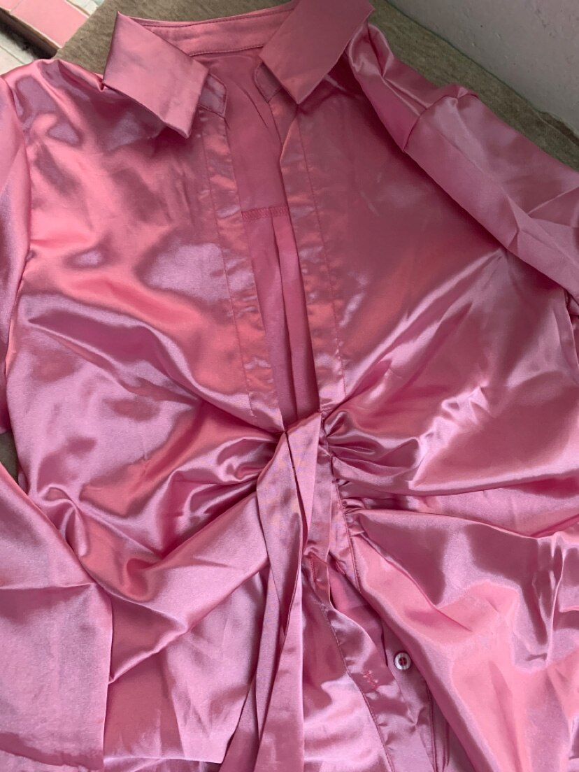 Hoobd Sexy Lace Up Satin Shirt Dress Women Long Sleeve Club Party Wear V Neck Turn Down Collar Mini Dresses Solid Bodycon Dress 2023