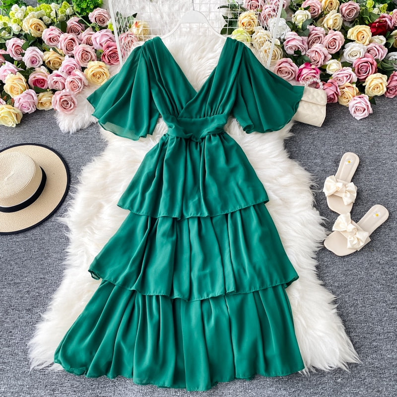Hoobd New Summer Women Dress Ruffled Short-sleeved Chiffon Dress V-neck Sexy Beach Long Dress Backless Cake Dresses Vestidos