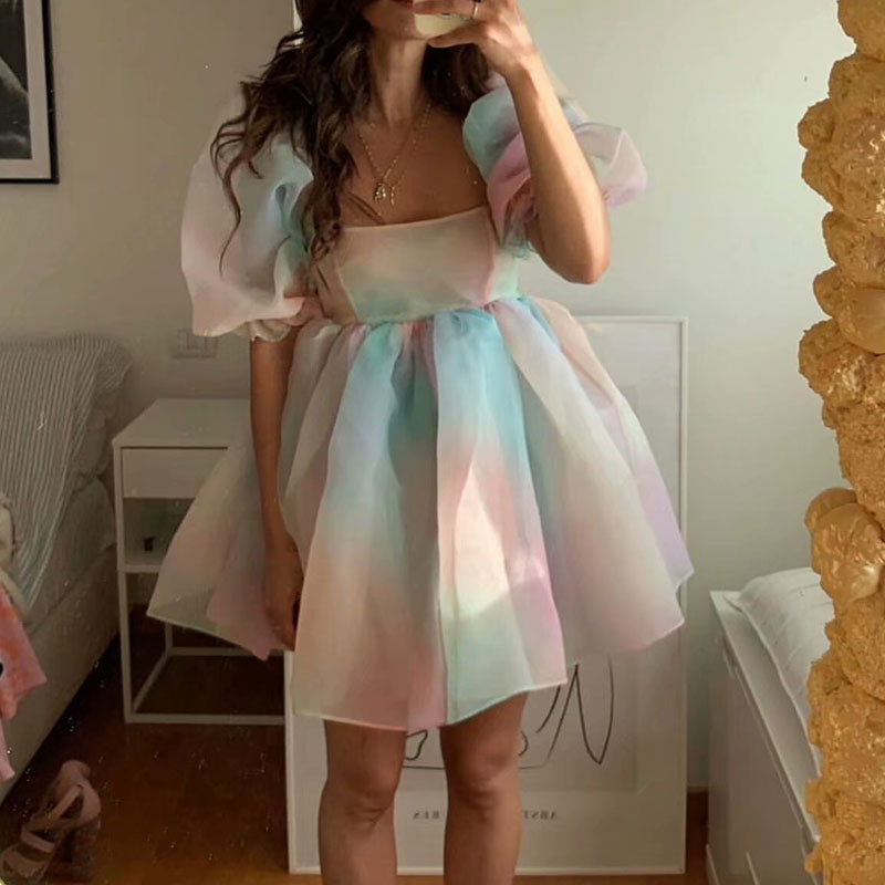 Hoobd Women Puff Sleeve Tulle Tutu Princess Dress Square Collar Mesh Ruffle Bubble Skirt Wedding Evening Party Prom Mini Fairy Dress