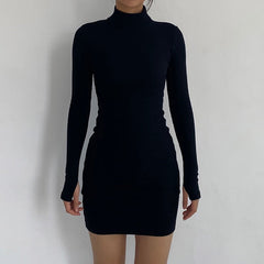 DIRTYLILY Autumn Fashion Sexy Solid Turtleneck Skinny Mini Dress Women Rib Knit Keep Warm Long Sleeve Slim Dress Streetwear