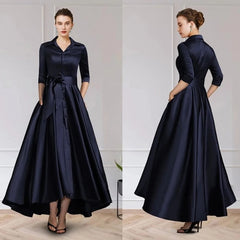 Hoobd On Sale Charming Dark Navy Mother of the Bride Dresses with 3/4 Sleeves V Neck Bow Belt Wedding Party Dresses High Low 2023