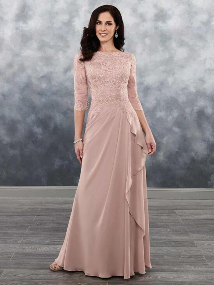 Hoobd Charming On Sale Dusty Rose Mother of the Bride Dresses Lace 2023 Latest Wedding Party Gowns Bateau Neckline with 3/4 Sleeves