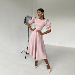 O Neck Backless Midi Party Dress Summer Elegant Puff Sleeve A line Solid Folds Night Club Dresses For Women 2024