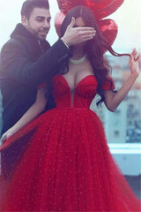 Long Prom A-line Off-the-shoulder Red Beading Prom Dresses Pearls Crystals Saudi Arabia Evening Gowns