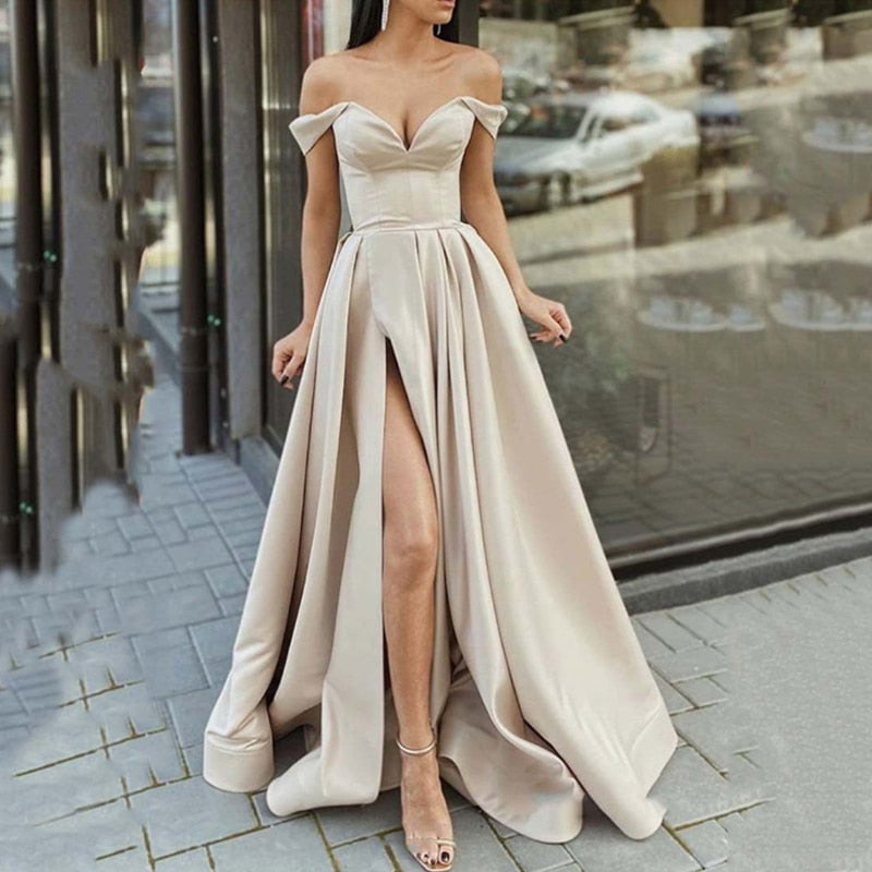 Hoobd Summer Women Off Shoulder Strapless Club Party Dress Spring Elegant Slash Neck Backless Maxi Dress Short Sleeve Split Lady Dress