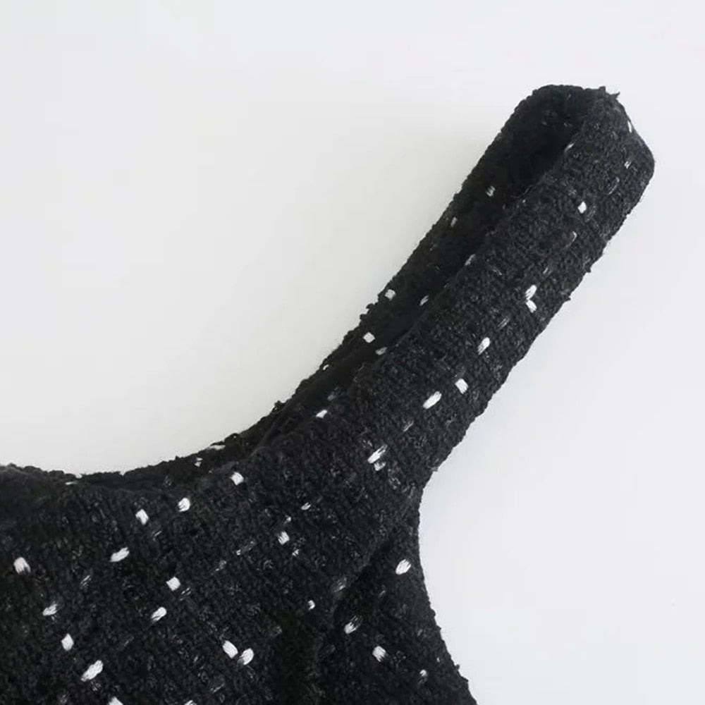 New Women Vintage Tweed Black Plaid Hollow Out Dress Female Casual Pearl Decoration Slim Square Collar Mini Dresses